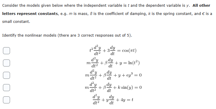  Consider the models given below where the independent variable is t