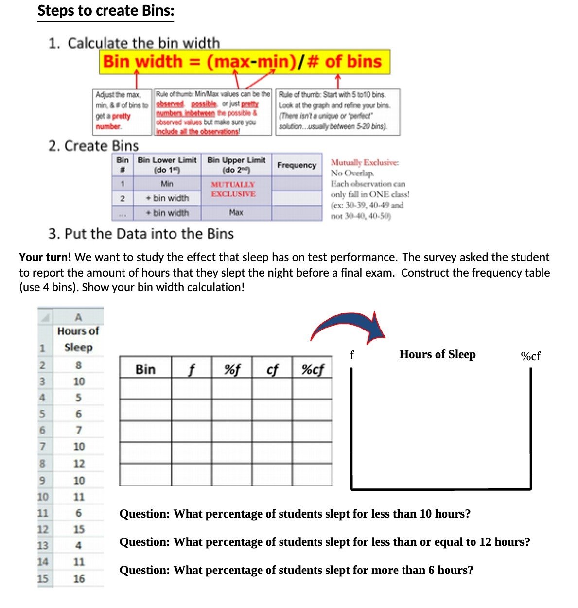 Steps to create Bins: 1. Calculate the bin width Bin width