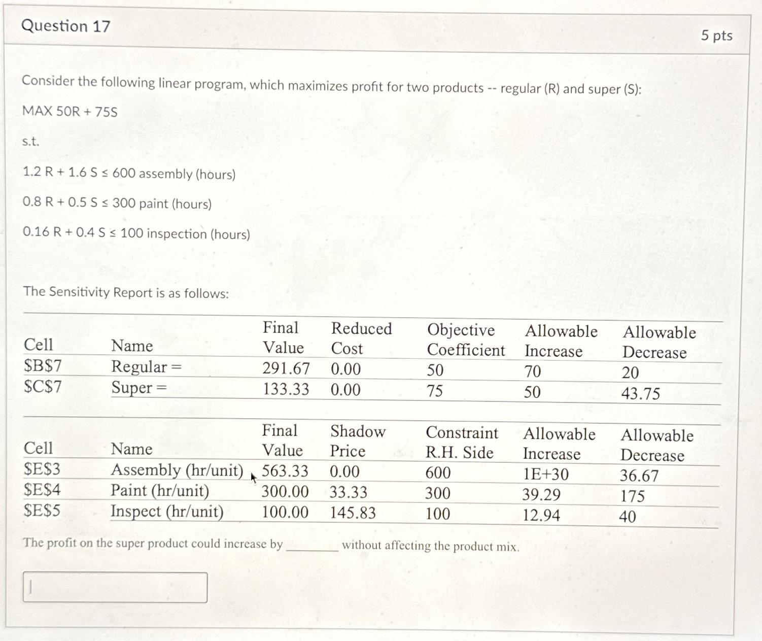  Question 17 5 pts Consider the following linear program, which maximizes