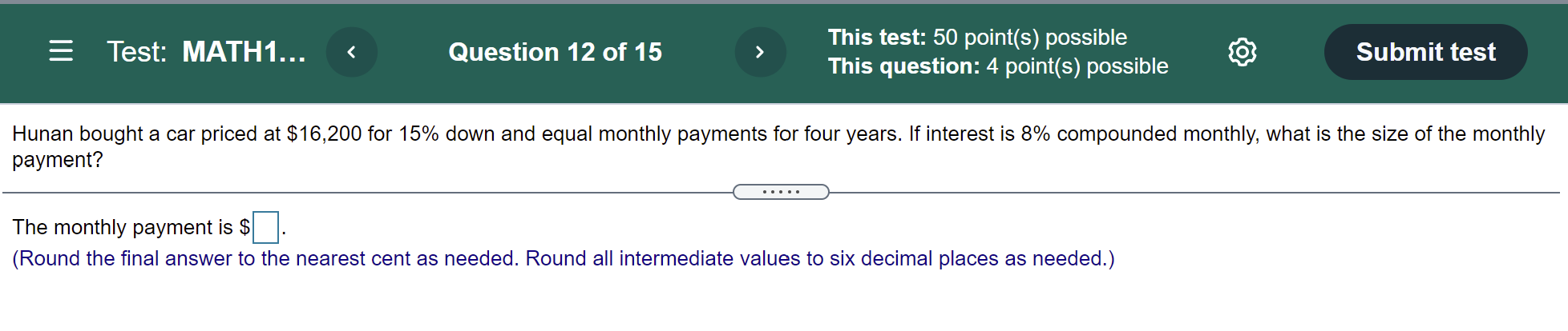  This test: 50 point(s) possible @ Test: MATH1... Question 12 of