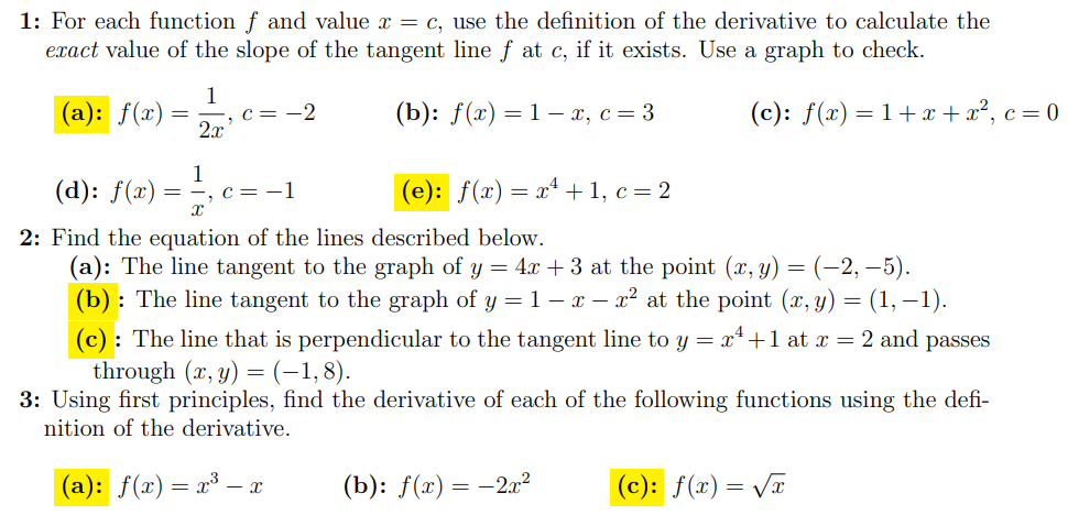  1: For each function f and value x = c, use