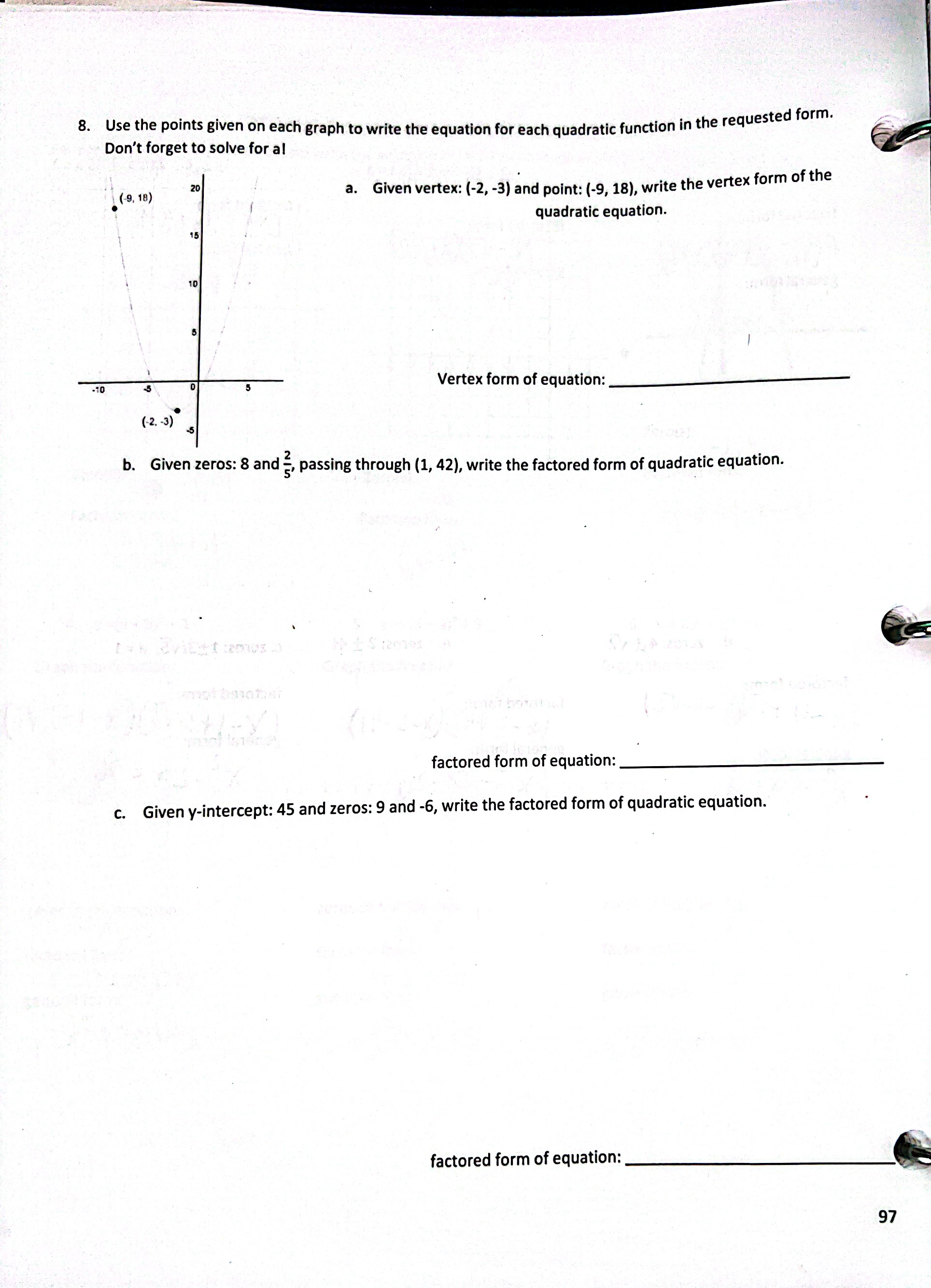 8. Use the points given on each graph to write the