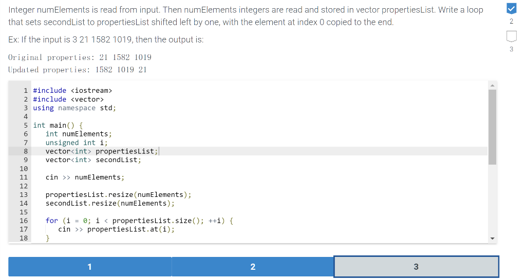 Integer numElements is read from input. Then numElements integers are read and