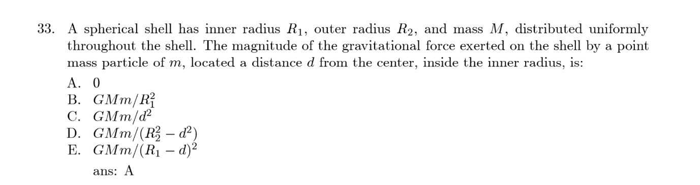  A spherical shell has inner radius R1, outer radius R2, and