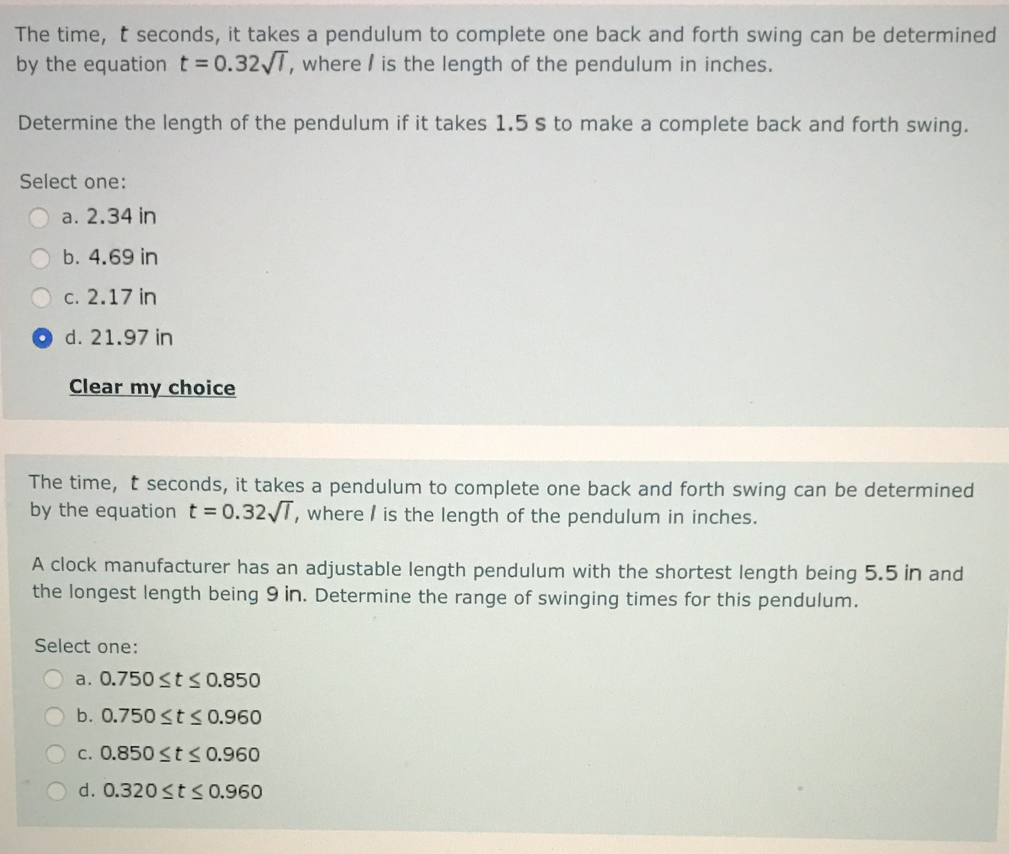 Math 30-1 The time, t seconds, it takes a pendulum to complete