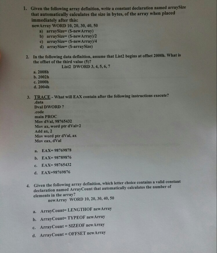  show work 1. Given the following array definition, write a constant