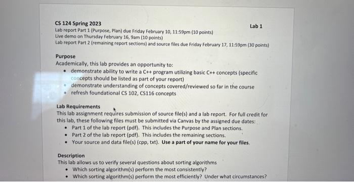  CS 124 Spring 2023 Lab report Part 1 (Purpose, Plan) due