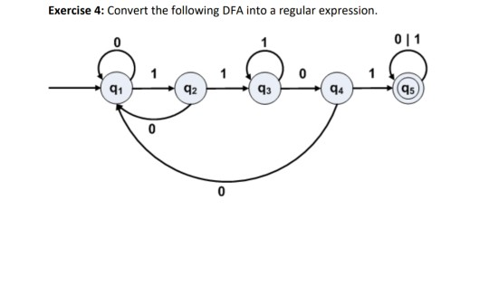  Exercise 4: Convert the following DFA into a regular expression. 01