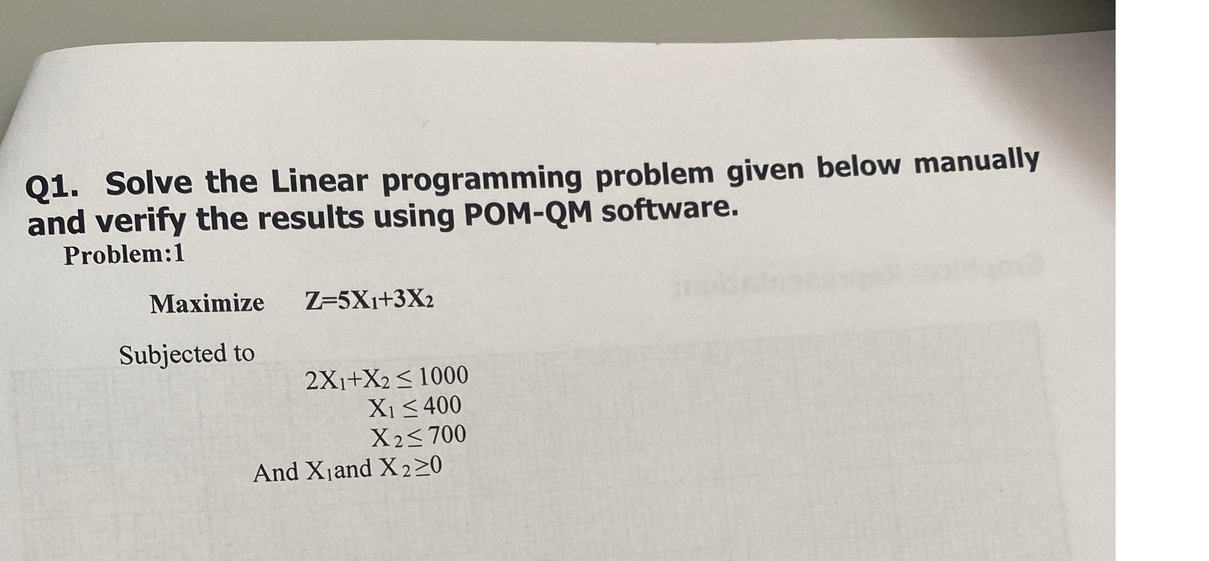  Q1. Solve the Linear programming problem given below manually and verify