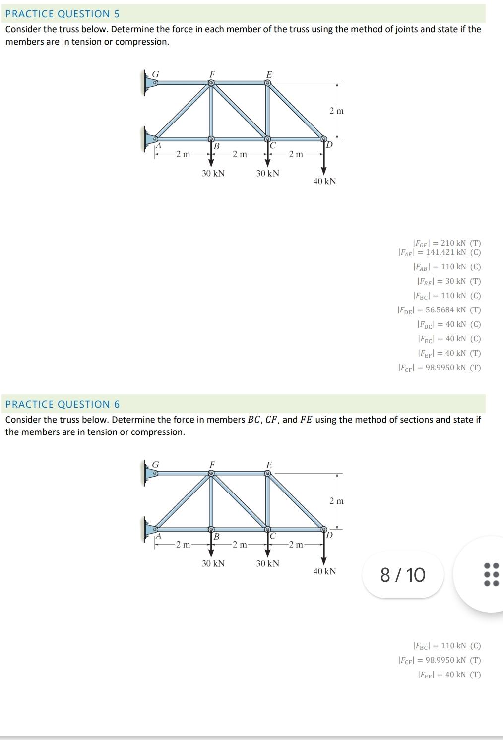  PRACTICE QUESTION 5 Consider the truss below. Determine the force in