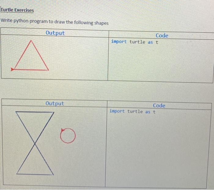  Turtle Exercises Write python program to draw the following shapes Output