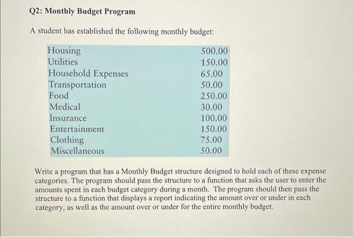 this is coded in C++ Q2: Monthly Budget Program A student has
