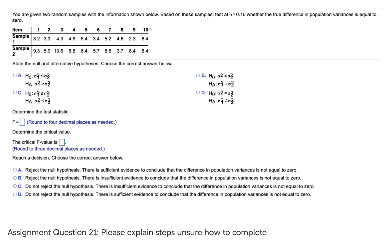 Question 21 please explain steps You are given two random samples with