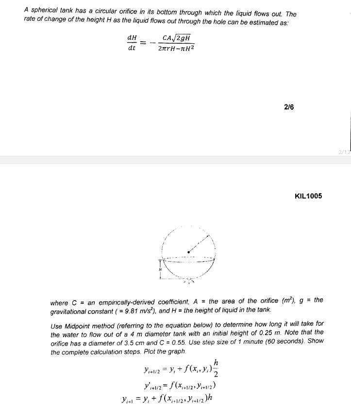  A spherical tank has a circular orifice in its bottom through