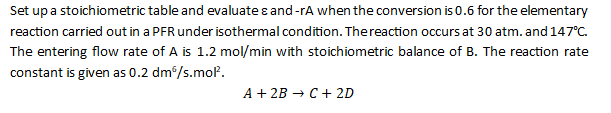 Set up a stoichiometric table and evaluate and rA when the