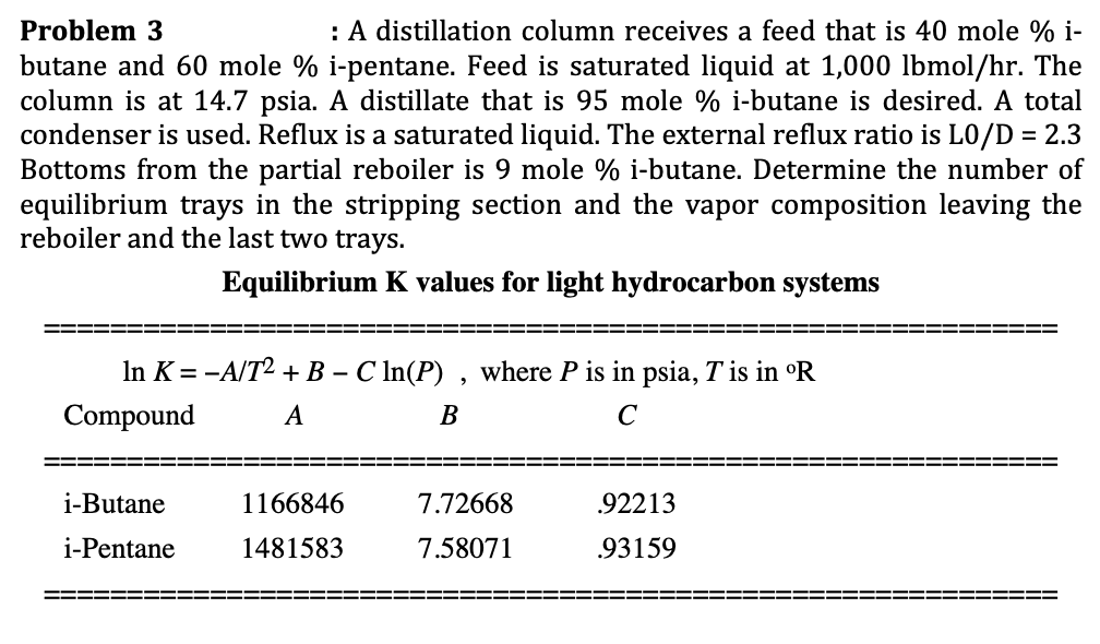 Problem 3 : A distillation column receives a feed that is