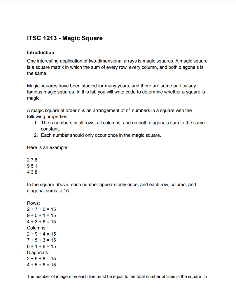 ITSC 1213 - Magic Square >> PLEASE ANSWER ALL PARTS TO THIS