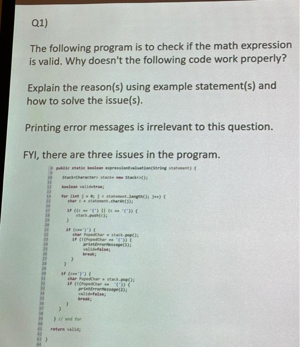  The following program is to check if the math expression is
