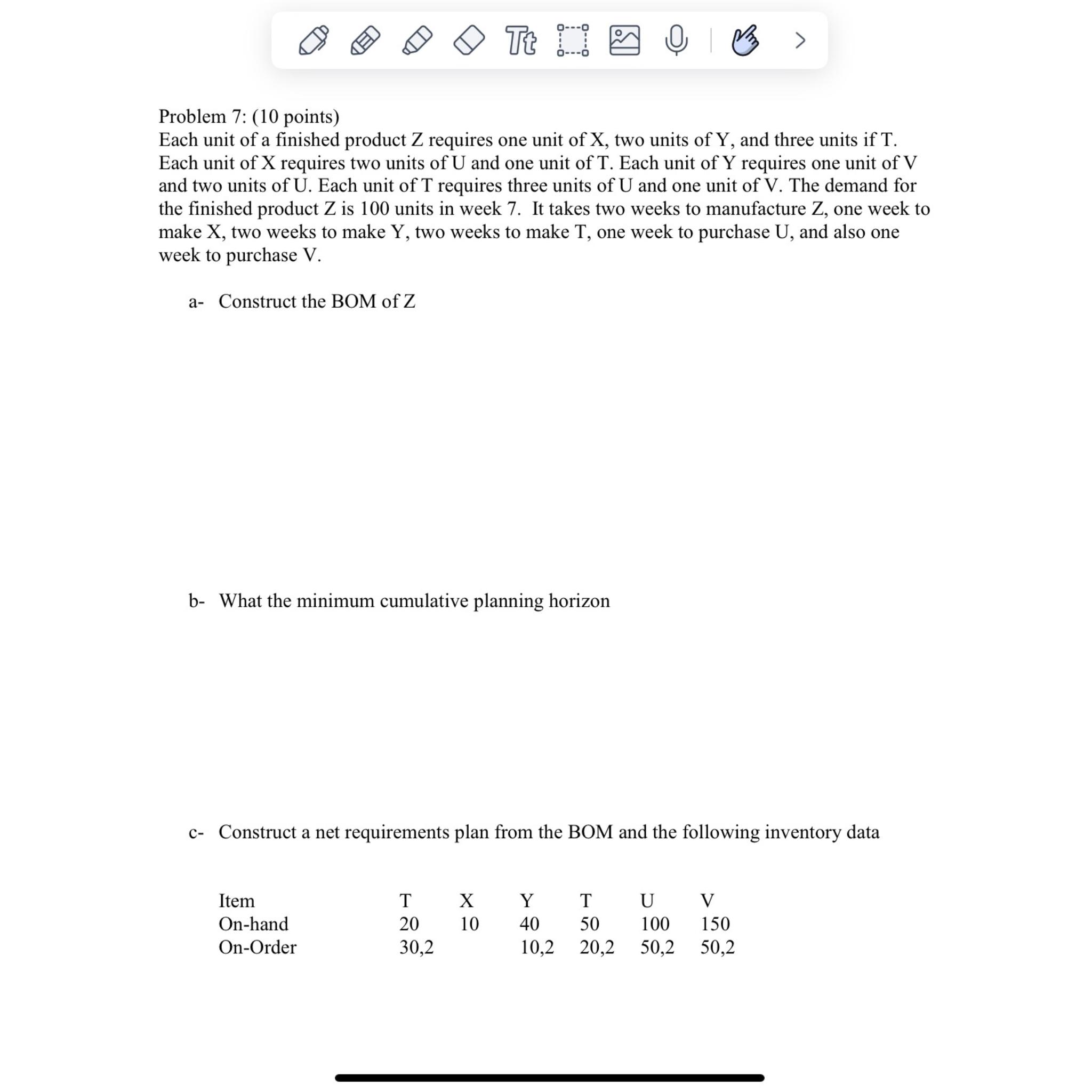  Problem 7: (10 points) Each unit of a finished product Z