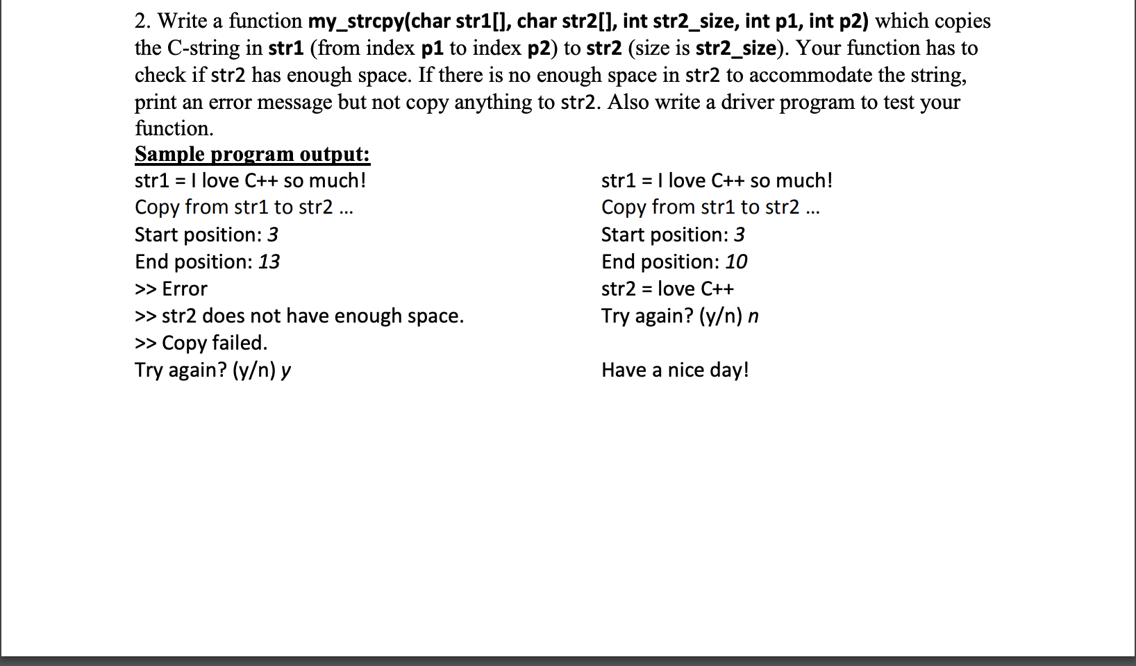 2. Write a function my_strcpy(char str1[], char str2[], int str2_size, int p1,