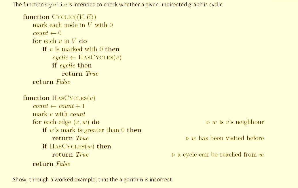  The function Cyclic is intended to check whether a given undirected