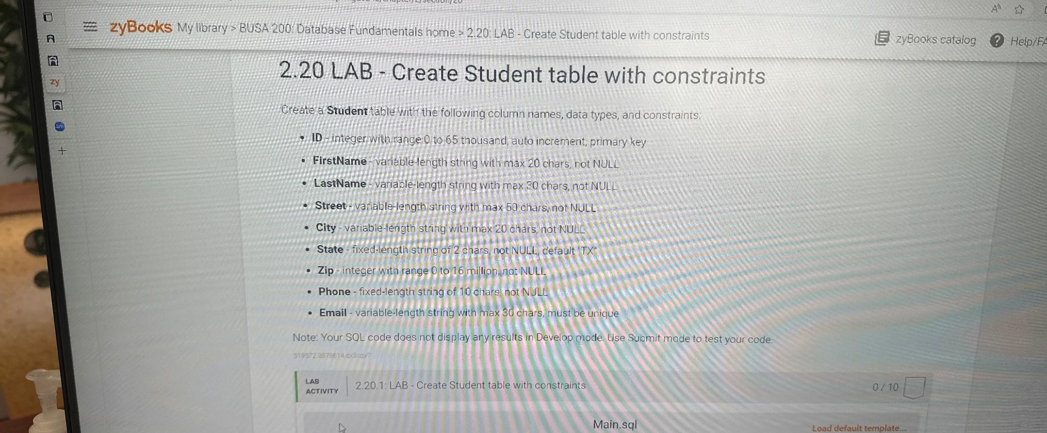  2.20 LAB - Create Student table with constraints Create a Student