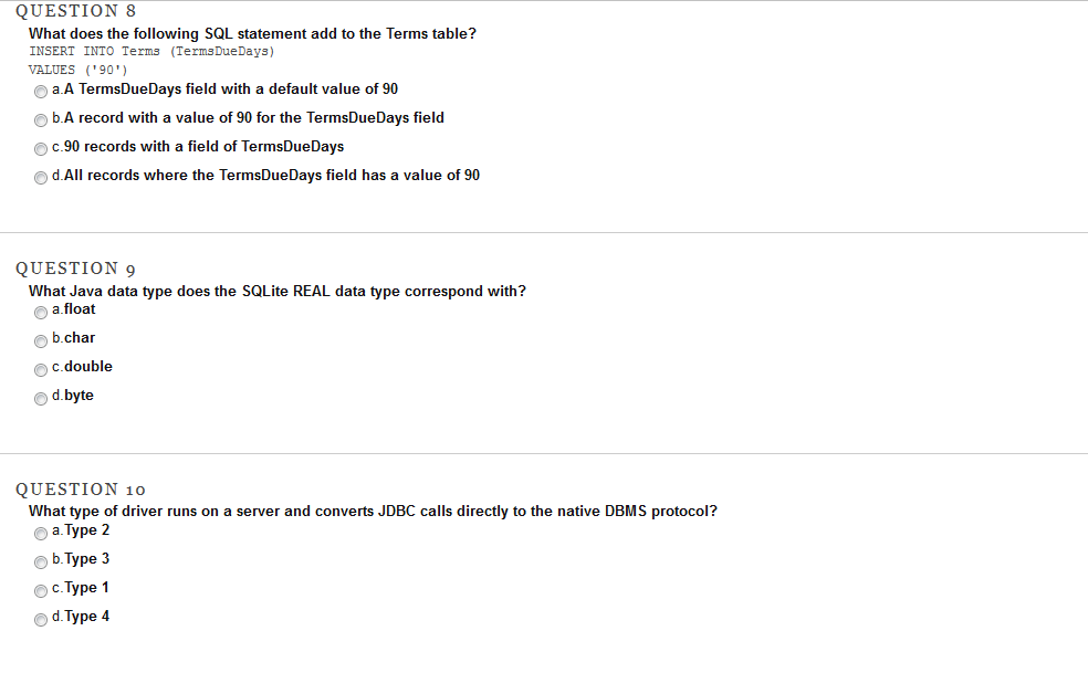 QUESTION 6 Code example 20-1 SELECT v.VendorName, i.InvoiceNumber, i.InvoiceDate, i.InvoiceTotal FROM Vendors