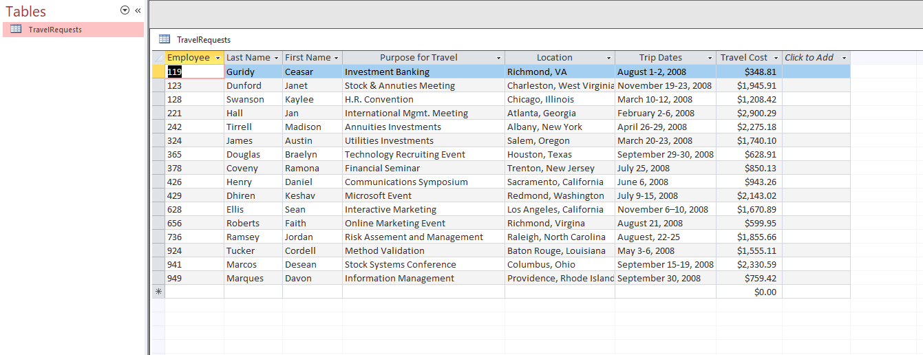 : This is the display with the database given up to now