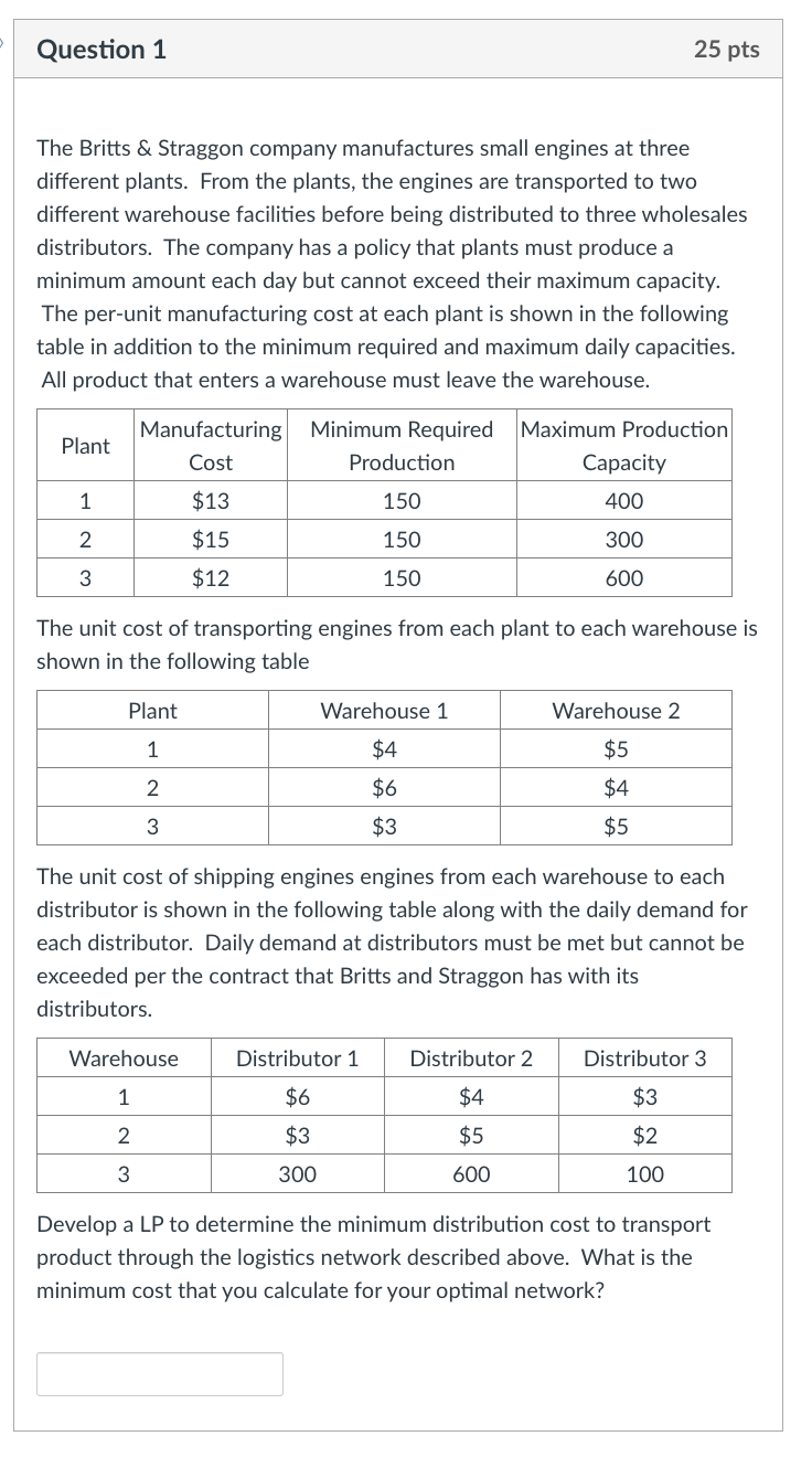  Develop a LP to determine the minimum distribution cost to transport