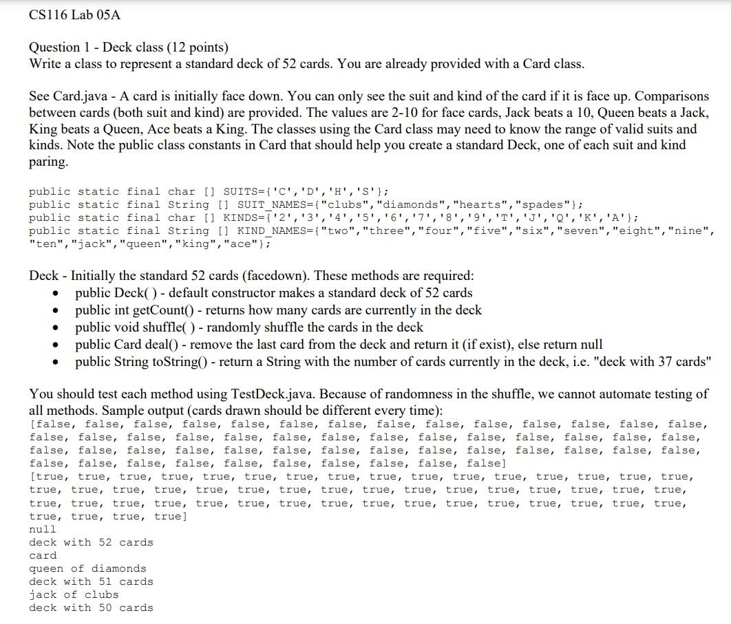  Card.java public class Card { private char suit, kind; private boolean