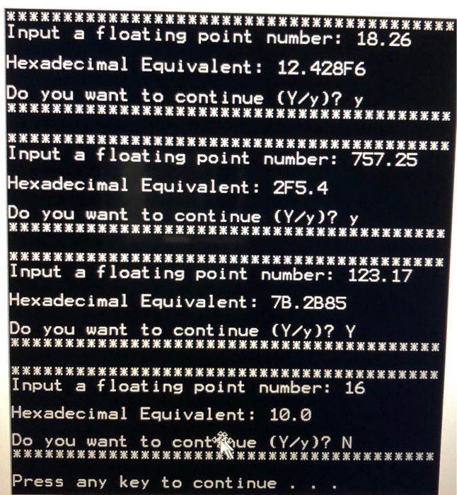 to convert a sequence of floating point numbers into hexadecimall numbers. The