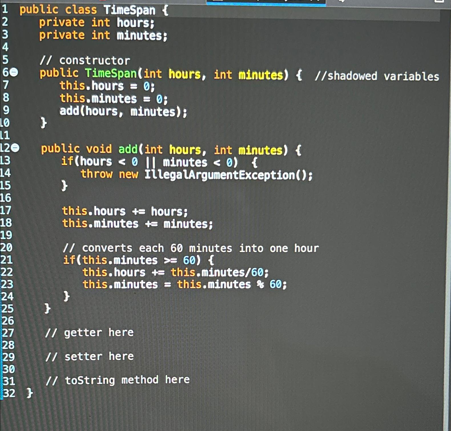  Please help write the getter setter and tostring method in java