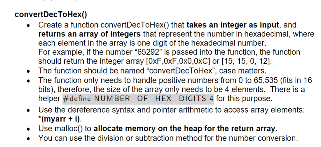 Code in C please convertDecToHex() - Create a function convertDecToHex() that takes