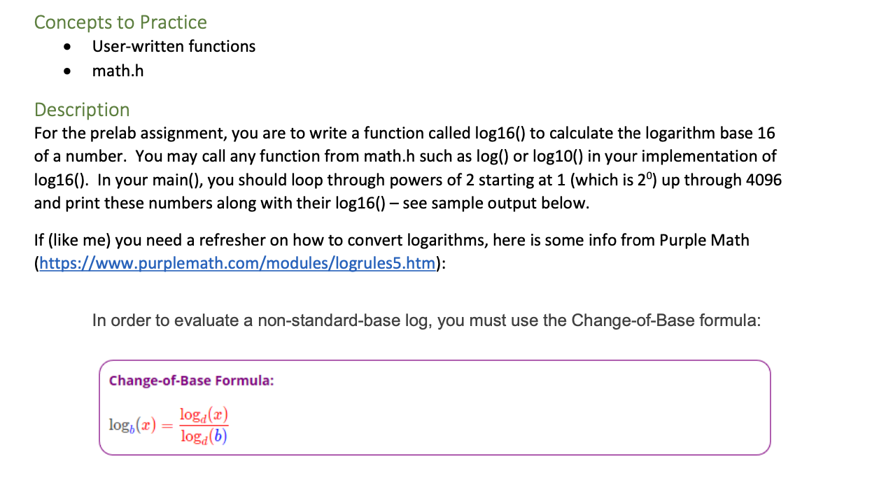  Must look exactly like example. Concepts to Practice User-written functions math.h