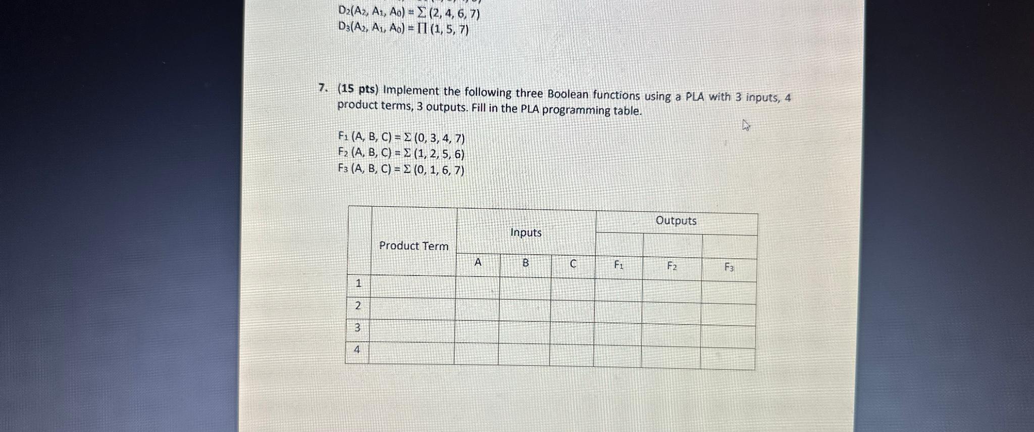  D2(A2,A1,A0)=??(2,4,6,7) D3(A2,A1,A0)=(1,5,7) (15 pts) Implement the following three Boolean functions using