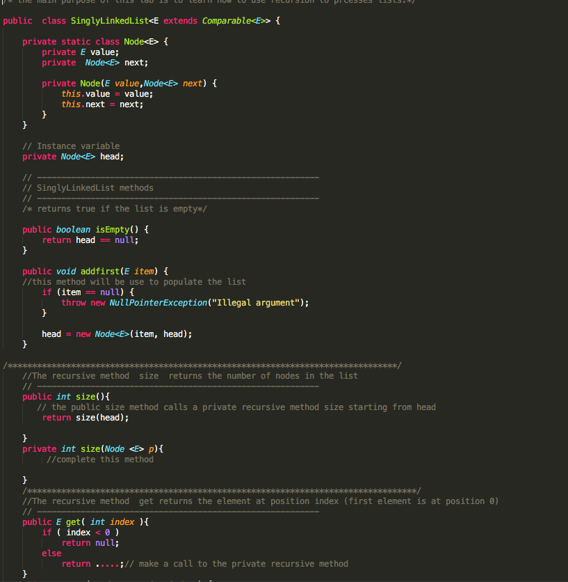 Please complete the code public class SinglyLinkedList> t private static class Node