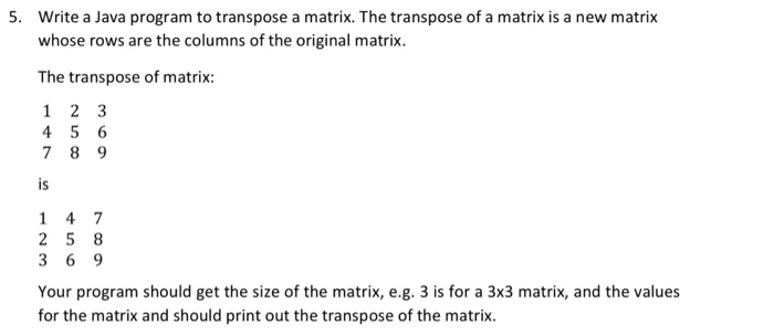  make a java programming Write a Java program to transpose a