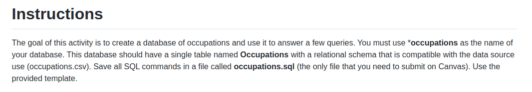  CREATE DATABASE occupations; \c occupations DROP TABLE IF EXISTS Occupations; --