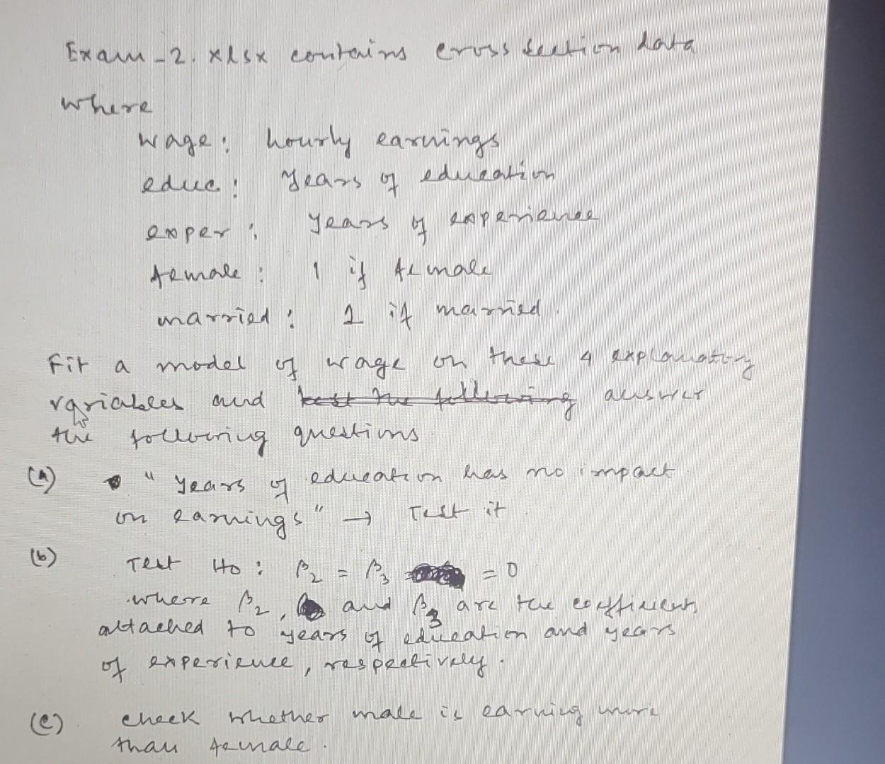 using R programming and without using lm function Exam-2.xlsx contains cross section