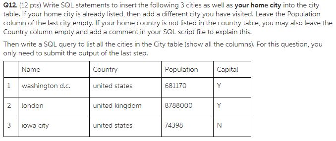Q12. (12 pts) Write SQL statements to insert the following 3