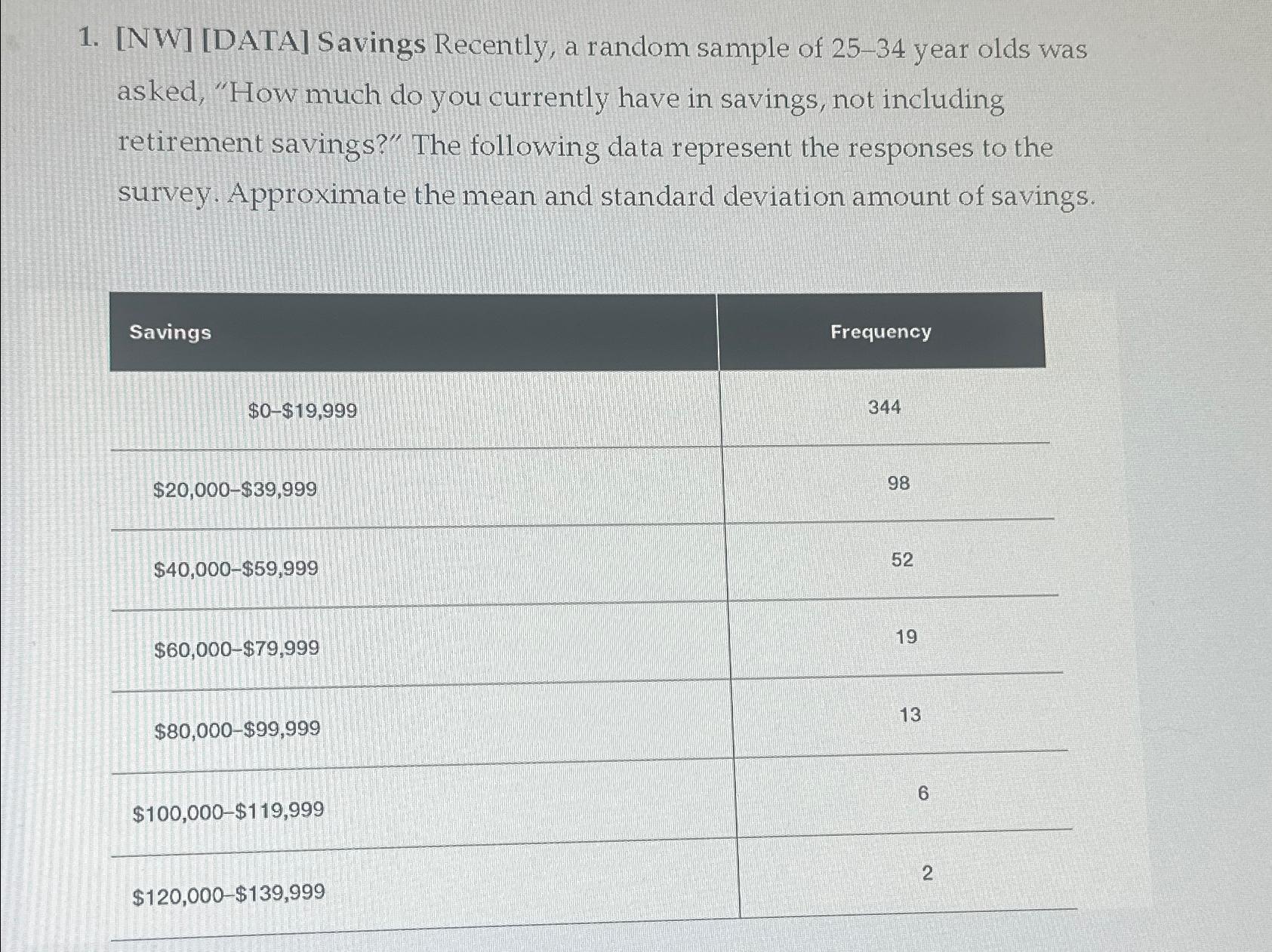  [NW][DATA] Savings Recently, a random sample of 25-34 year olds was
