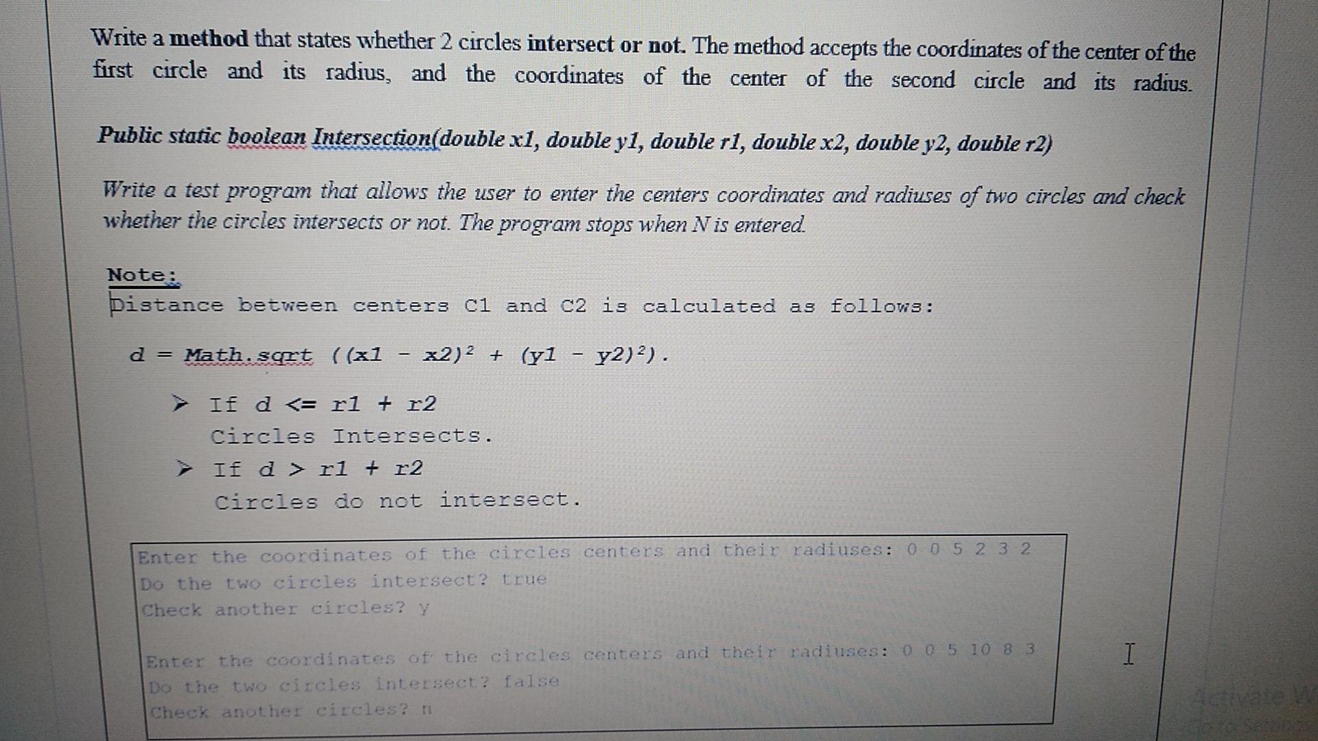  Java please Write a method that states whether 2 circles intersect