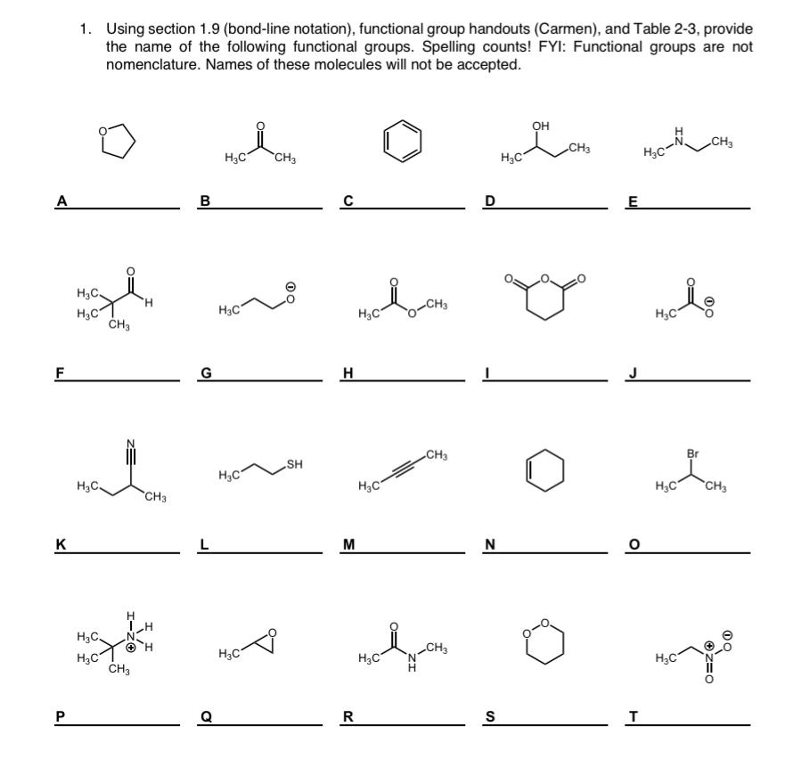  Using section 1.9(bond-line notation), functional group handouts (Carmen), and Table 2-3,