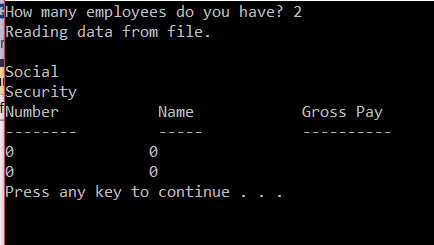 intended output should list a social security number, name, and gross pay