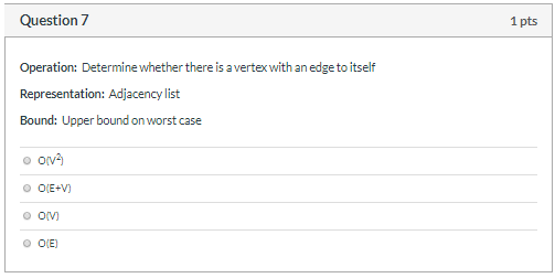 Each question below specifies a graph operation, a graph representation, and a