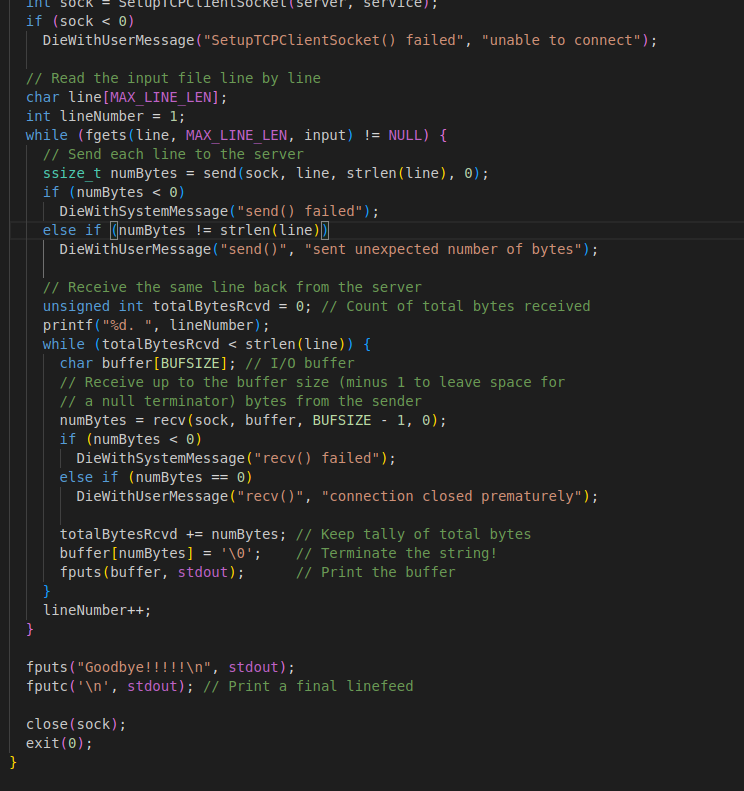 well that it works as expected: Text File: TCPEchoClient.c: Here is proof
