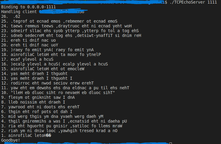 the buffer to the server side to be printed out both backwards