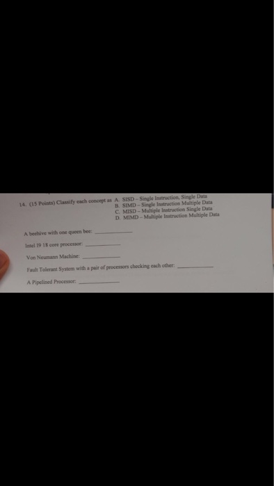  14. (15 Points) Classify each concept as A. SISD- Single Instruction,