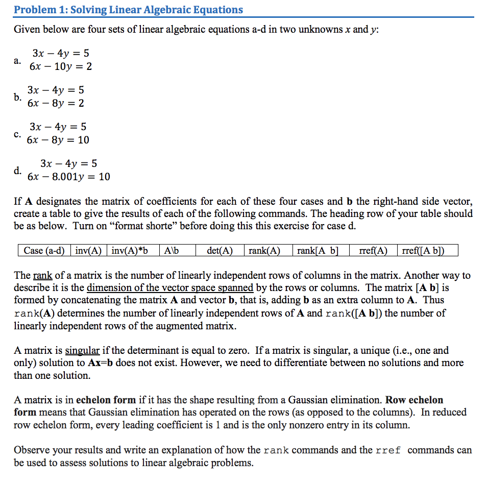  Solve in MATLAB Problem 1: Solving Linear Algebraic Equations Given below