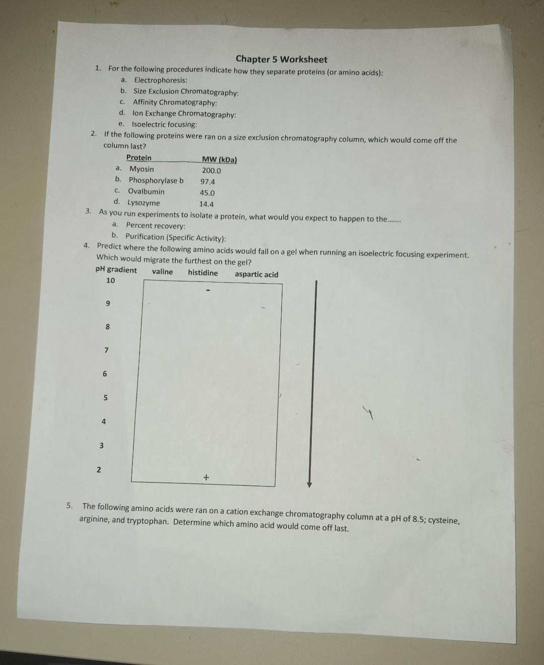 Chapter 5 Worksheet 1. For the following procedures indicate how they